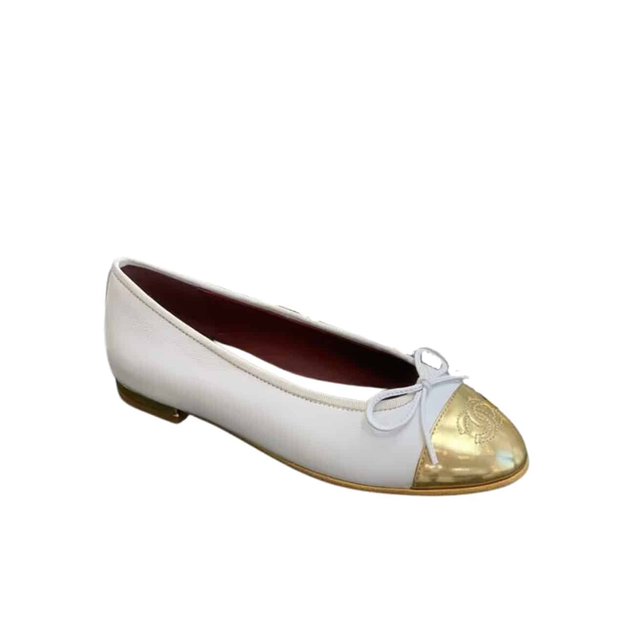 Ch**el Leather Cap Toe Ballet Flats White Gold