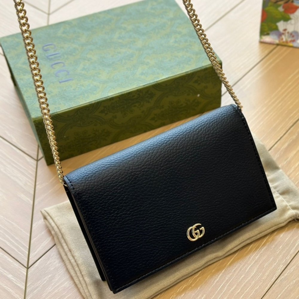 Gvc*1 Gg Marmont Wallet On Chain Black Leather 20Cm 497985 Cao0G 1000