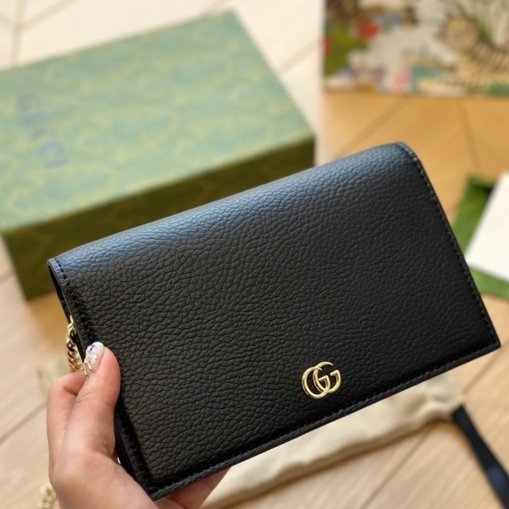 Gvc*1 Gg Marmont Wallet On Chain Black Leather 20Cm 497985 Cao0G 1000