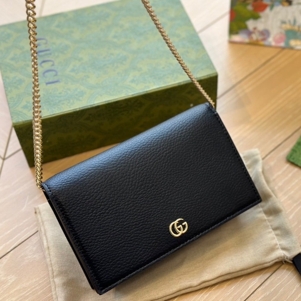 Gvc*1 Gg Marmont Wallet On Chain Black Leather 20Cm 497985 Cao0G 1000
