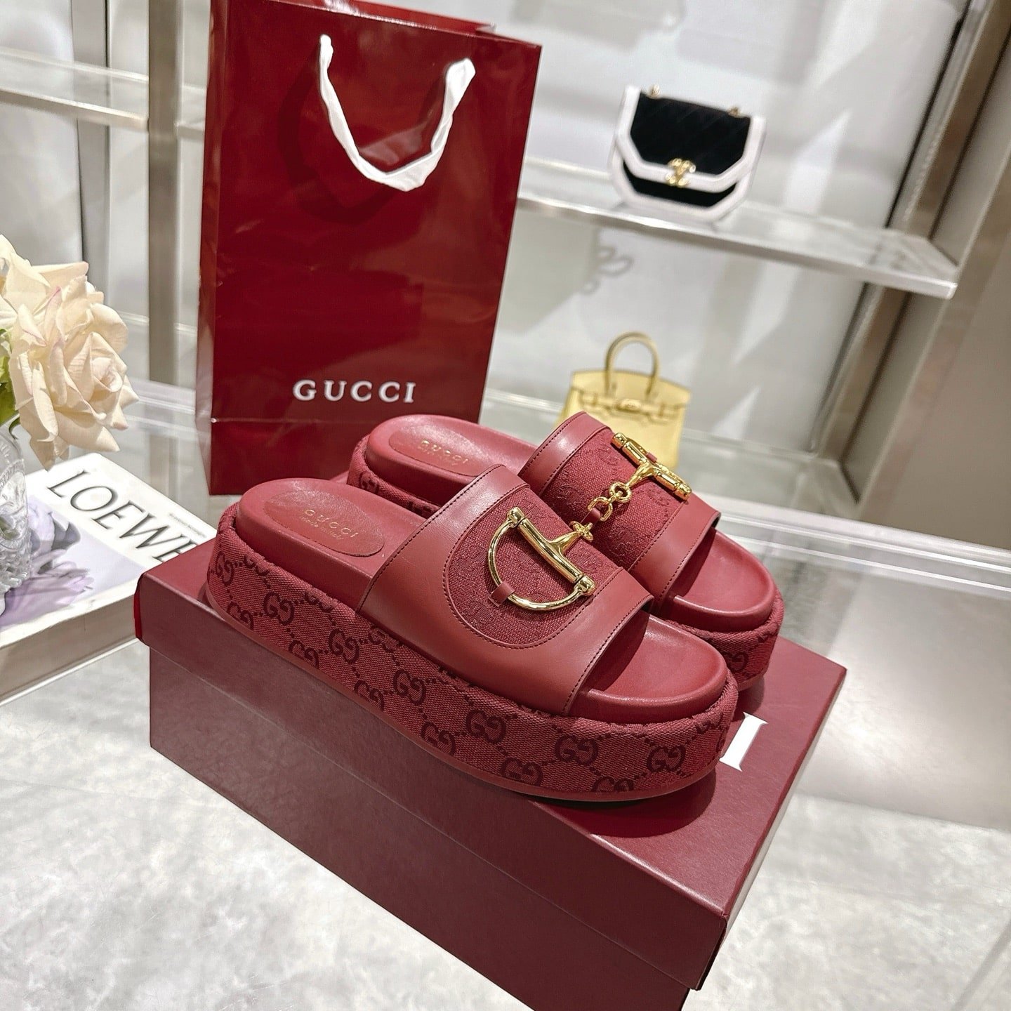 Gvc*1 Women’S Platform Slides With Horsebit Burgundy