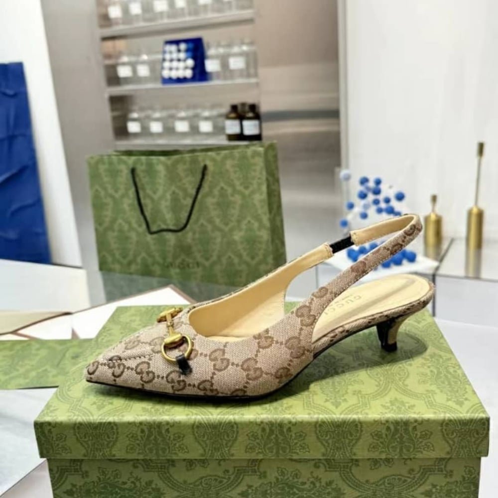 Gvc*1 Women’S Slingback Pump With Horsebit Gg Canvas Beige And Ebony 782627 2Hk80 9763