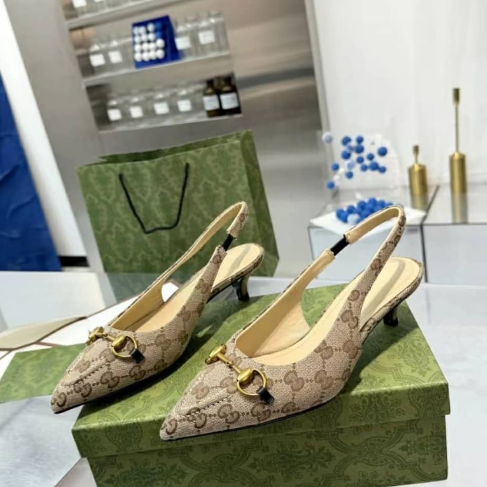Gvc*1 Women’S Slingback Pump With Horsebit Gg Canvas Beige And Ebony 782627 2Hk80 9763