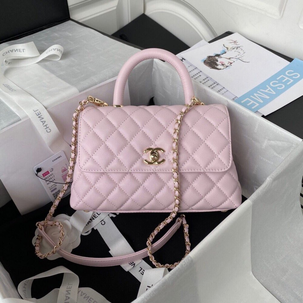 [S*per Vip 1:1] Ch**el Small Coco Handle Bag Gold Light Pink 23Cm