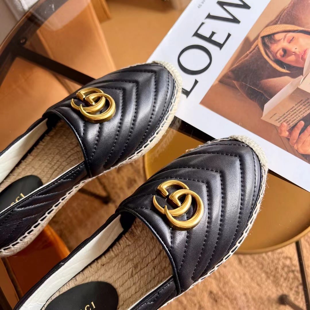 Gvc*1 Espadrille Matelasse Chevron Leather With Double G Black 551890 Bko00 1000