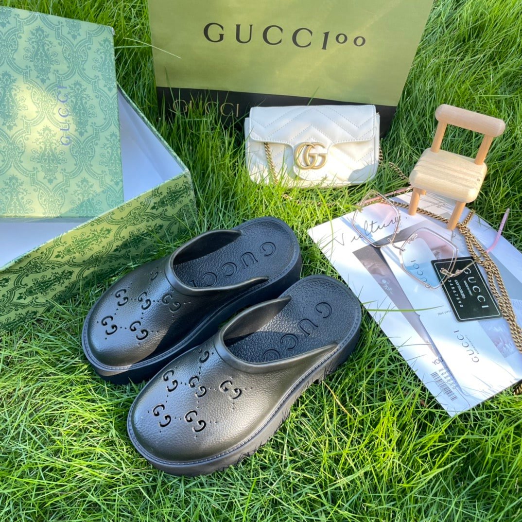 Gvc*1 Men’S Slip On Sandal Black Gg Rubber 655517 Jfb00 1000