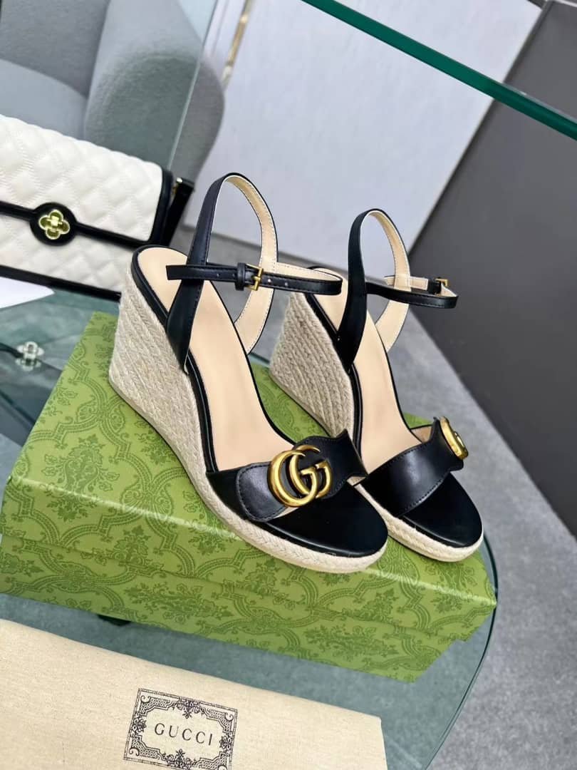 Gvc*1 Leather Wedge Espadrille Sandals Black 8Cm
