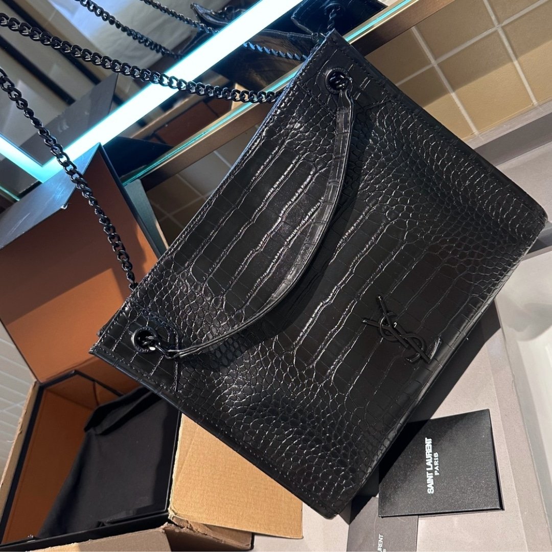 Sa1nt Lau*nt Niki Shopping Bag In Crocodile Embossed Leather Black 33Cm