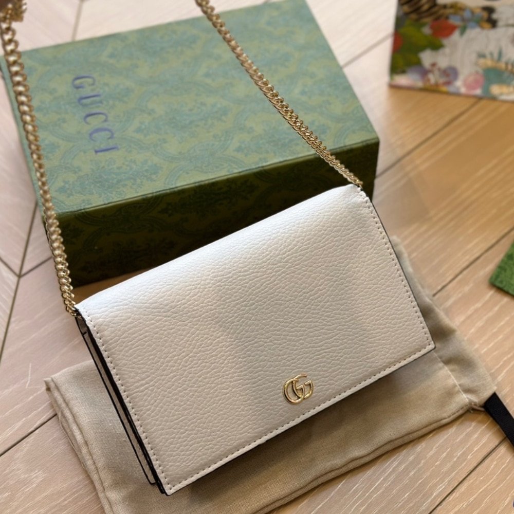 Gvc*1 Gg Marmont Wallet On Chain White Leather 20Cm