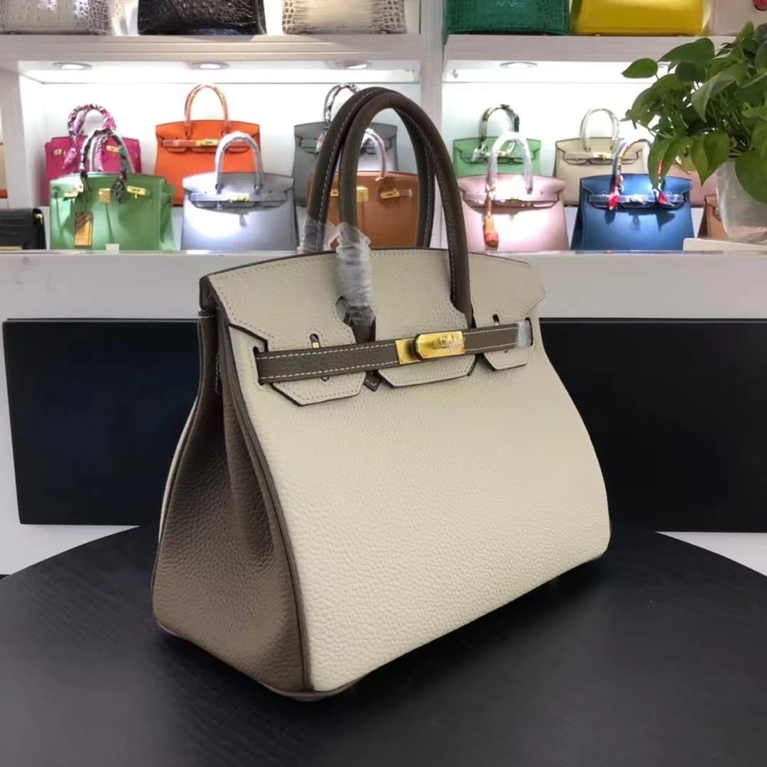 H**me5 Birkin 25 Togo Brushed Leather Gold Hardware Beige Grey 30Cm
