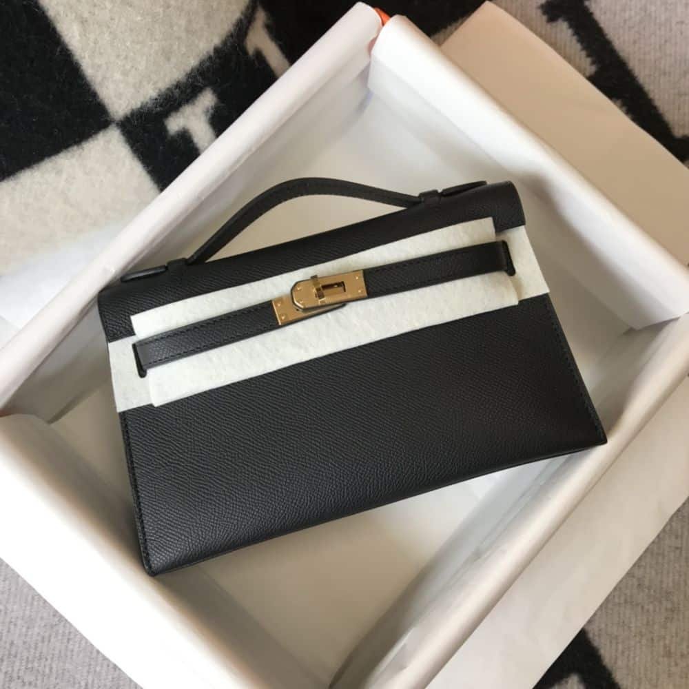 H**me5 Mini Kelly Pochette Gold Toned Hardware Black 22Cm