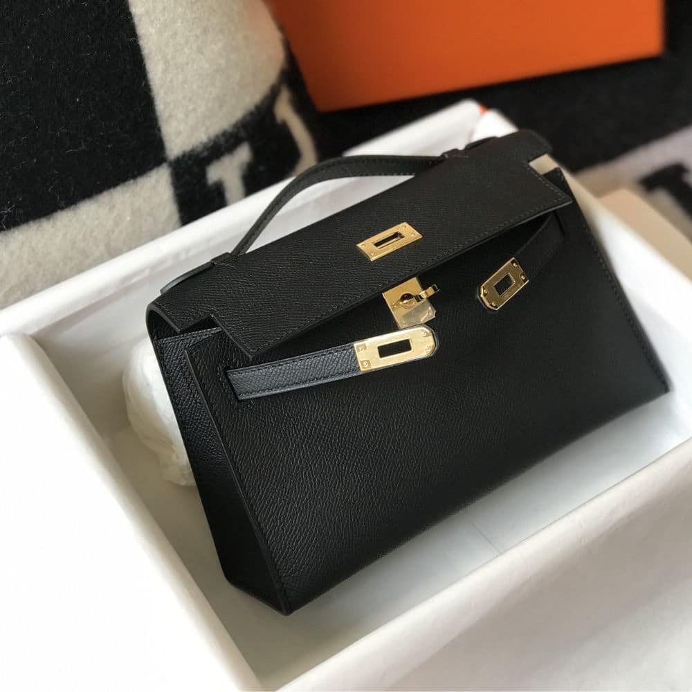 H**me5 Mini Kelly Pochette Gold Toned Hardware Black 22Cm
