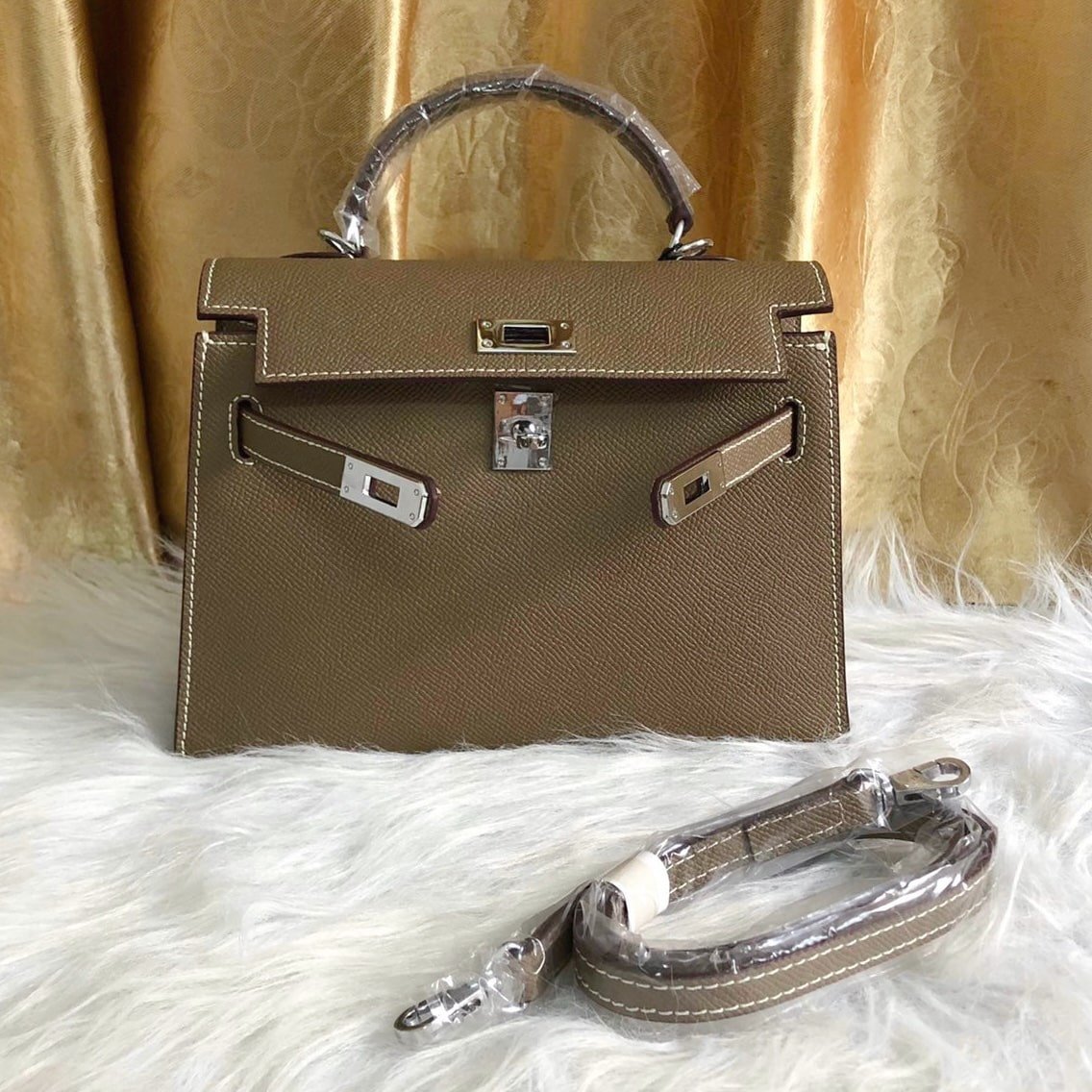 H**me5 Kelly Sellier Epsom Silver Hardware Etoupe 22Cm