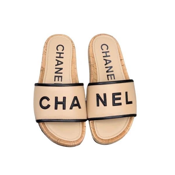Ch**el Leather Logo Cork Slide Sandals Beige