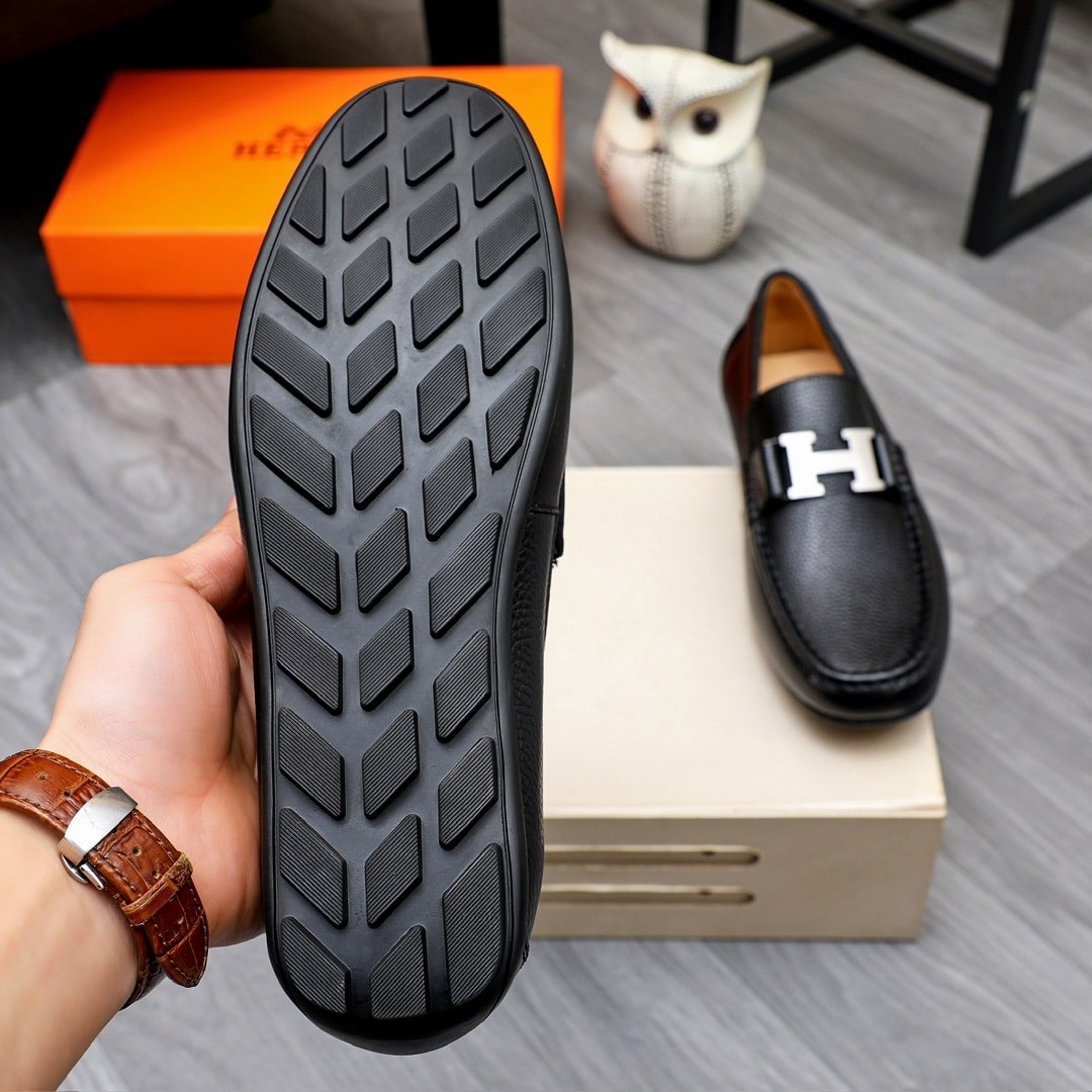 H**me5 Men’S Loafer Moccasin Leather With H Silver Black