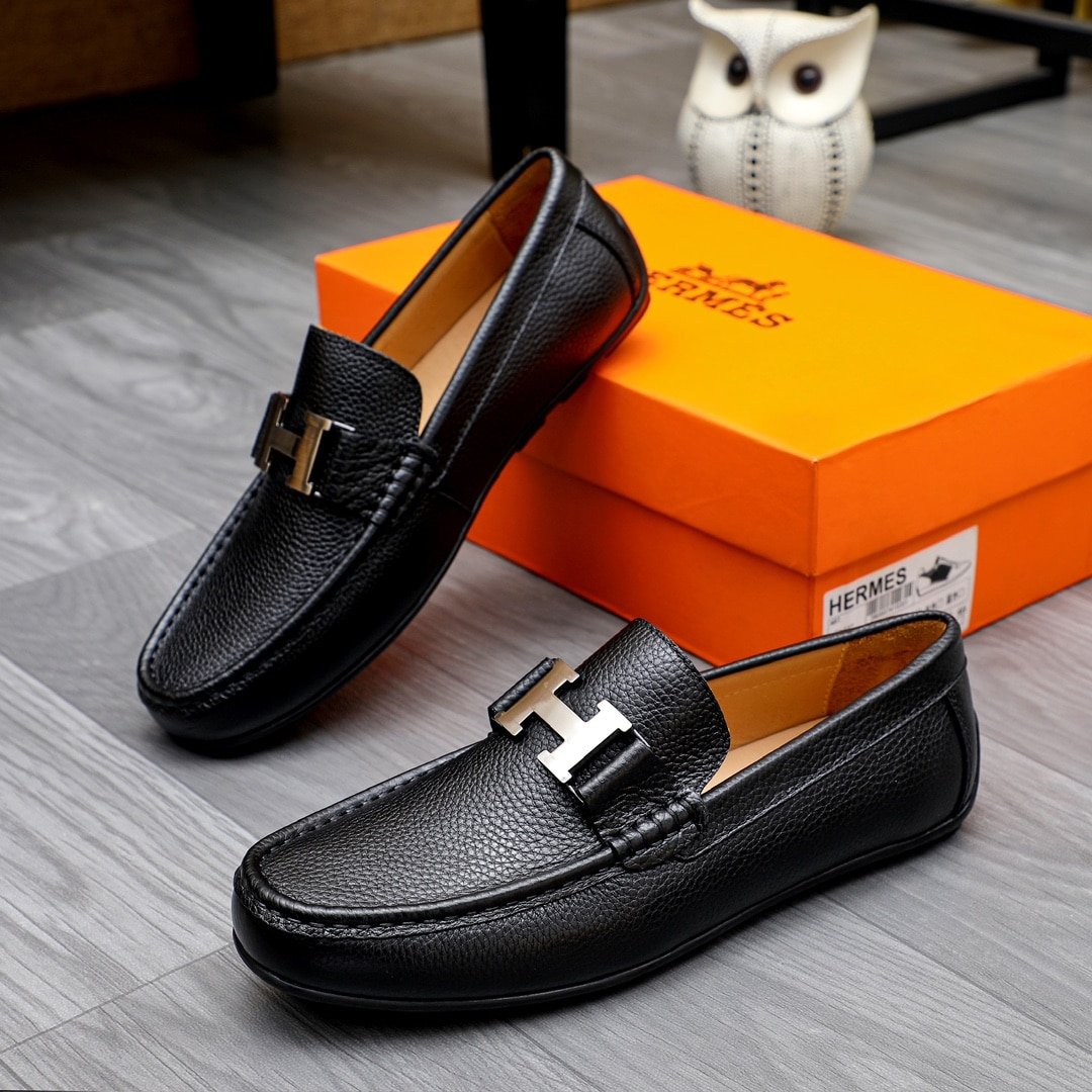 H**me5 Men’S Loafer Moccasin Leather With H Silver Black