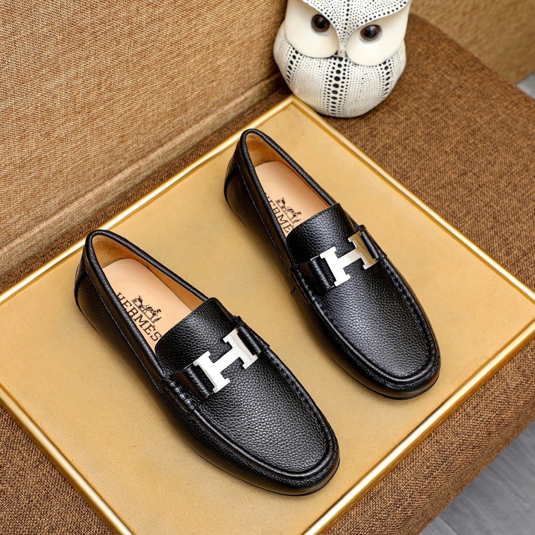 H**me5 Men’S Loafer Moccasin Leather With H Silver Black
