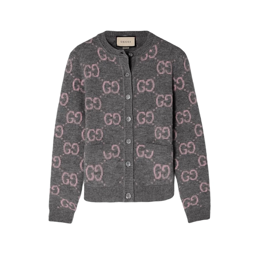 Gvc*1 Gg Monogram Knit Cardigan In Grey With Pink 772886 Xkb3V 1124