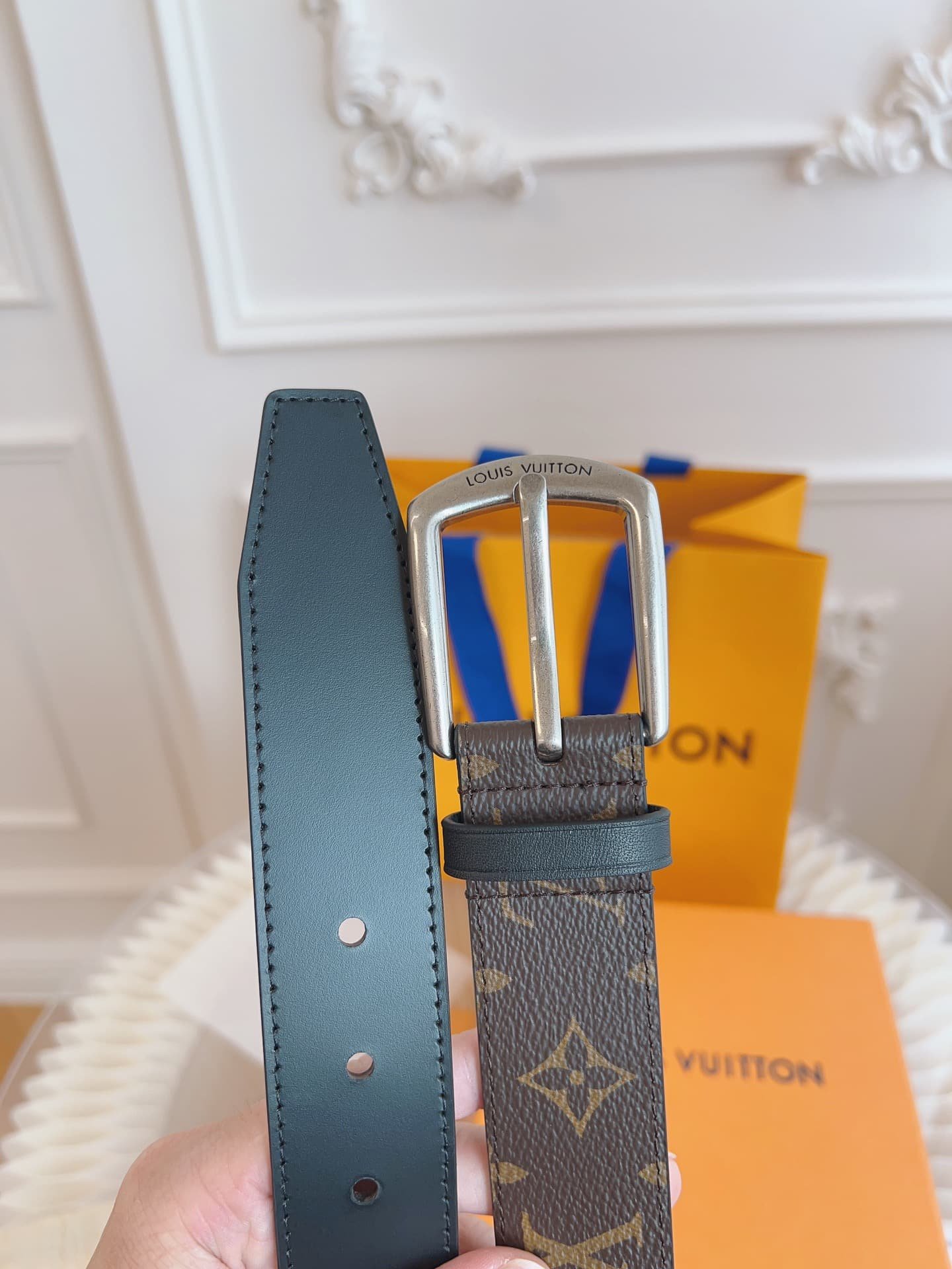L0vis Vvtt0n Belt Monogram Leather Brown Silver Hardware 35Mm