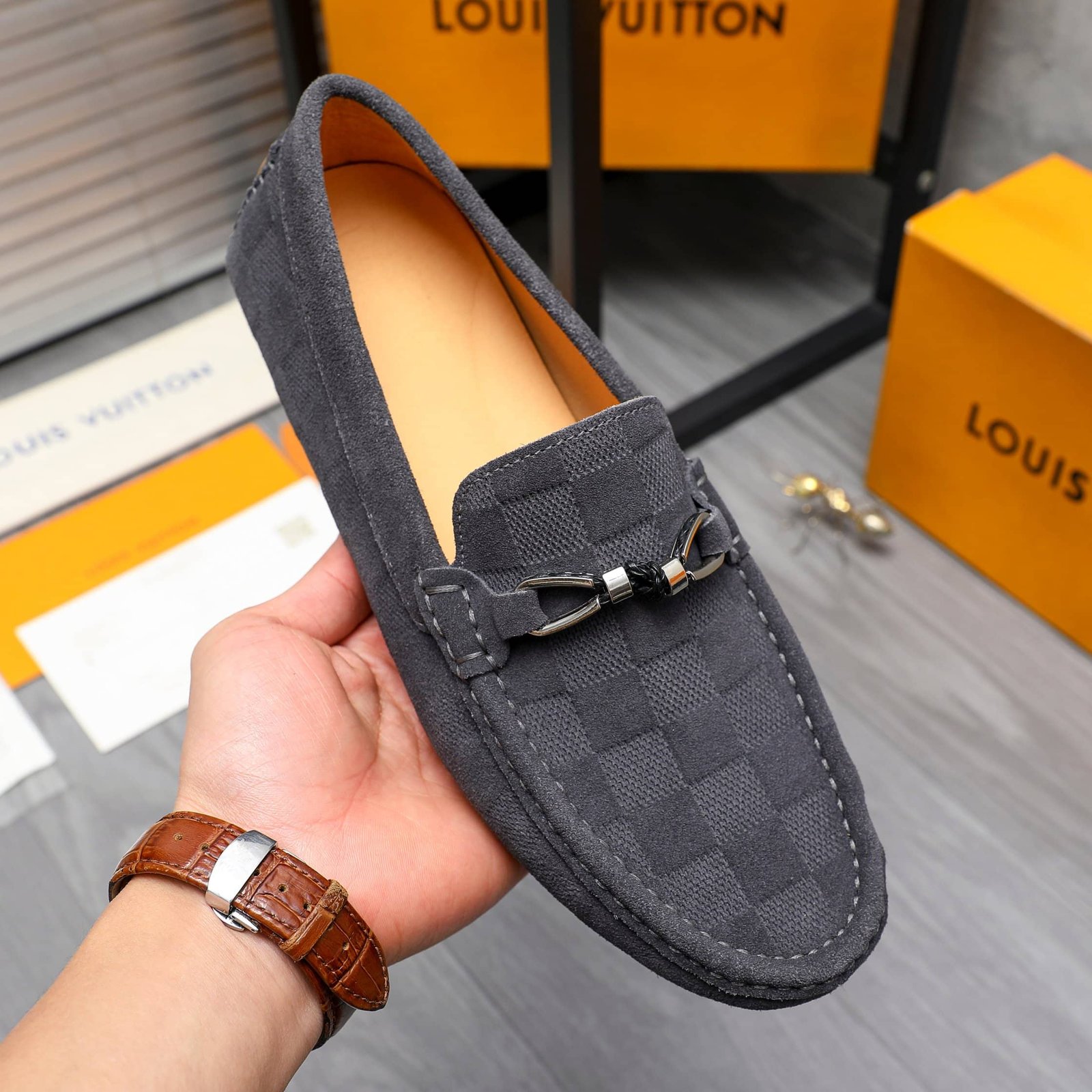 L0vis Vvtt0n Lv Damier Suede Leather Loafers In Grey