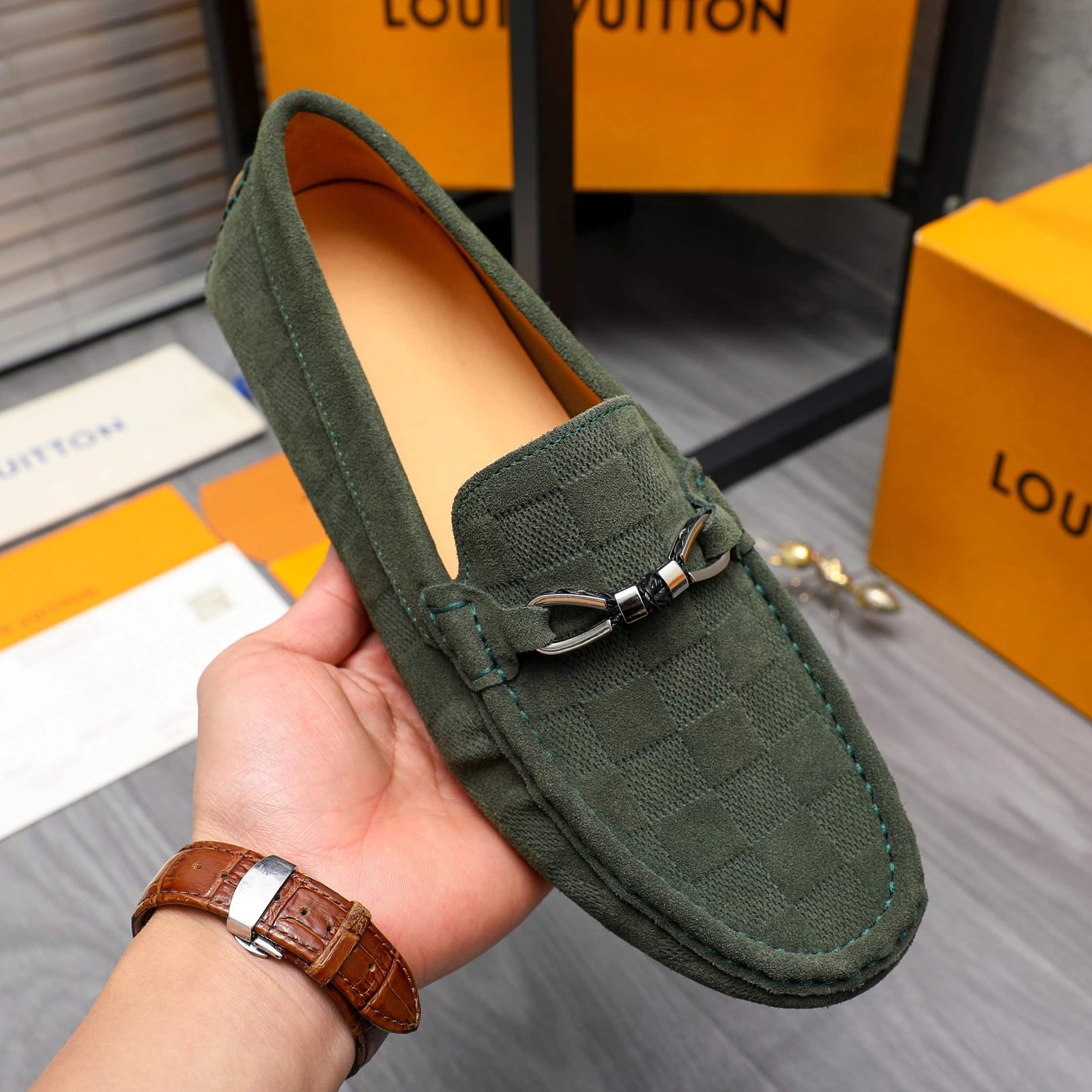 L0vis Vvtt0n Lv Damier Suede Leather Loafers In Dark Green