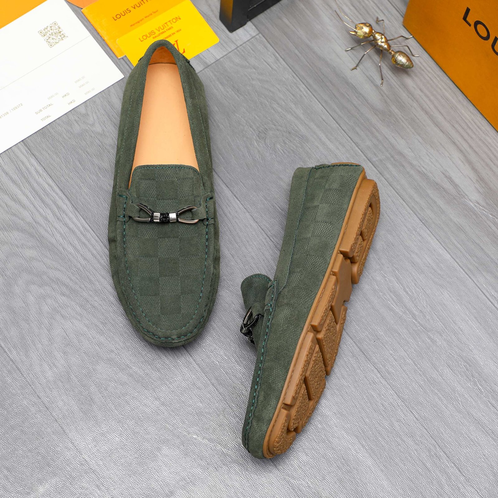 L0vis Vvtt0n Lv Damier Suede Leather Loafers In Dark Green