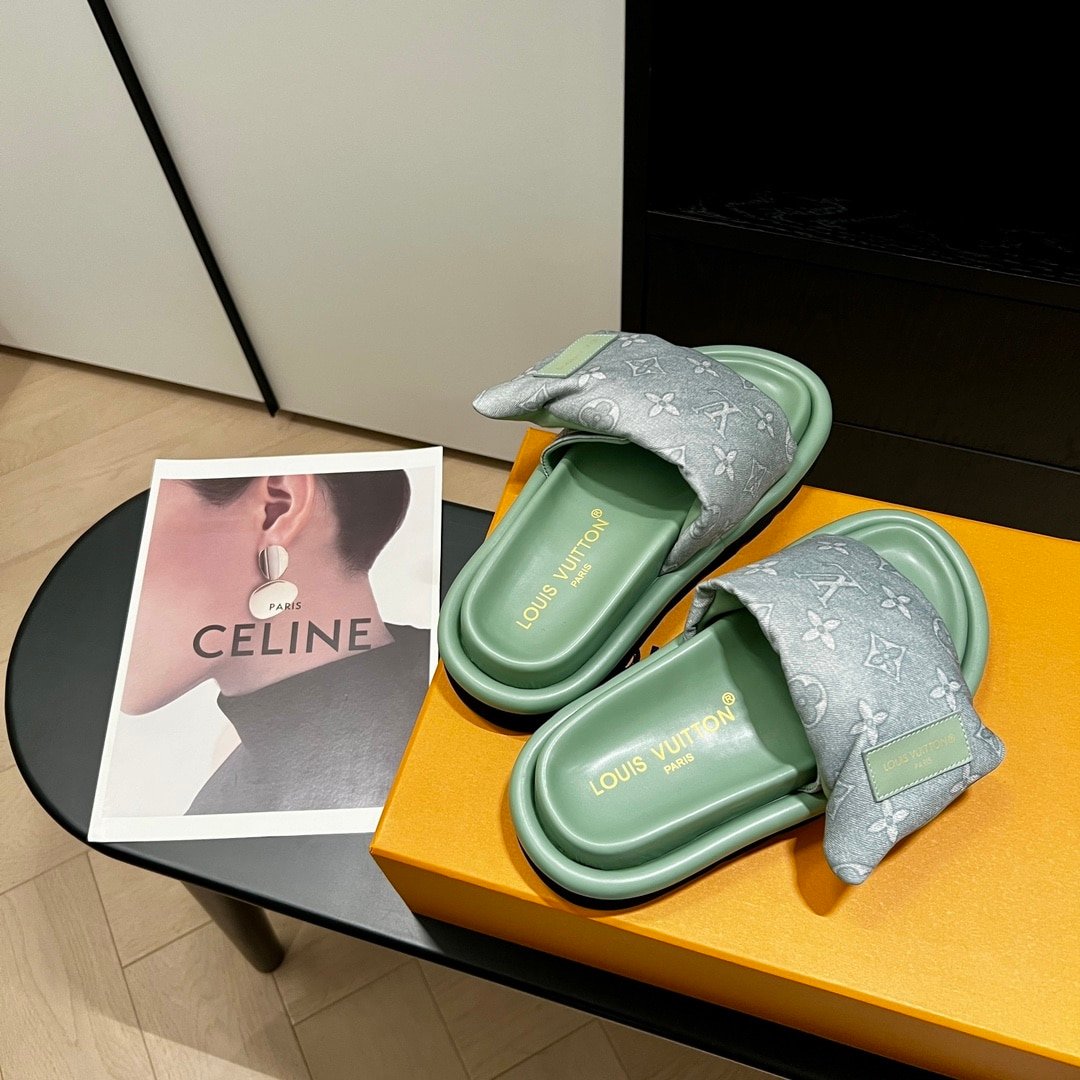 L0vis Vvtt0n Pool Pillow Flat Comfort Mule Sandals Kaki Green 1Acj06