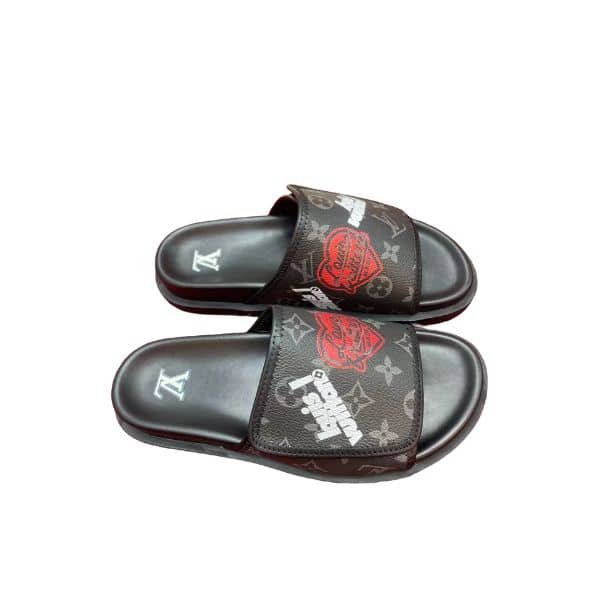 L0vis Vvtt0n Monogram Heart Flat Slides Black