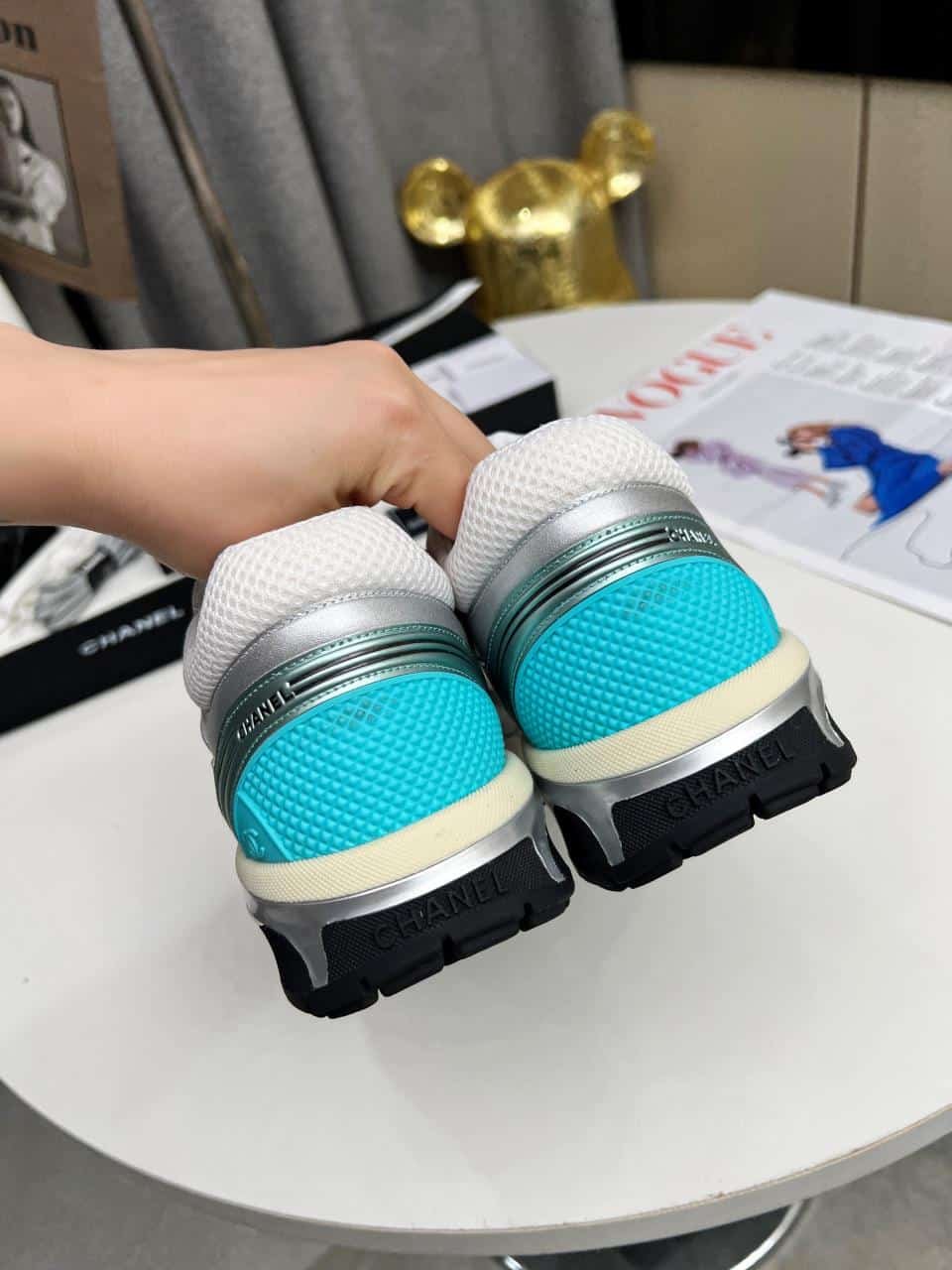 Ch**el 23C Silver Metallic Cc Logo Lace Up Flat Runner Trainer Sneaker White Turquoise