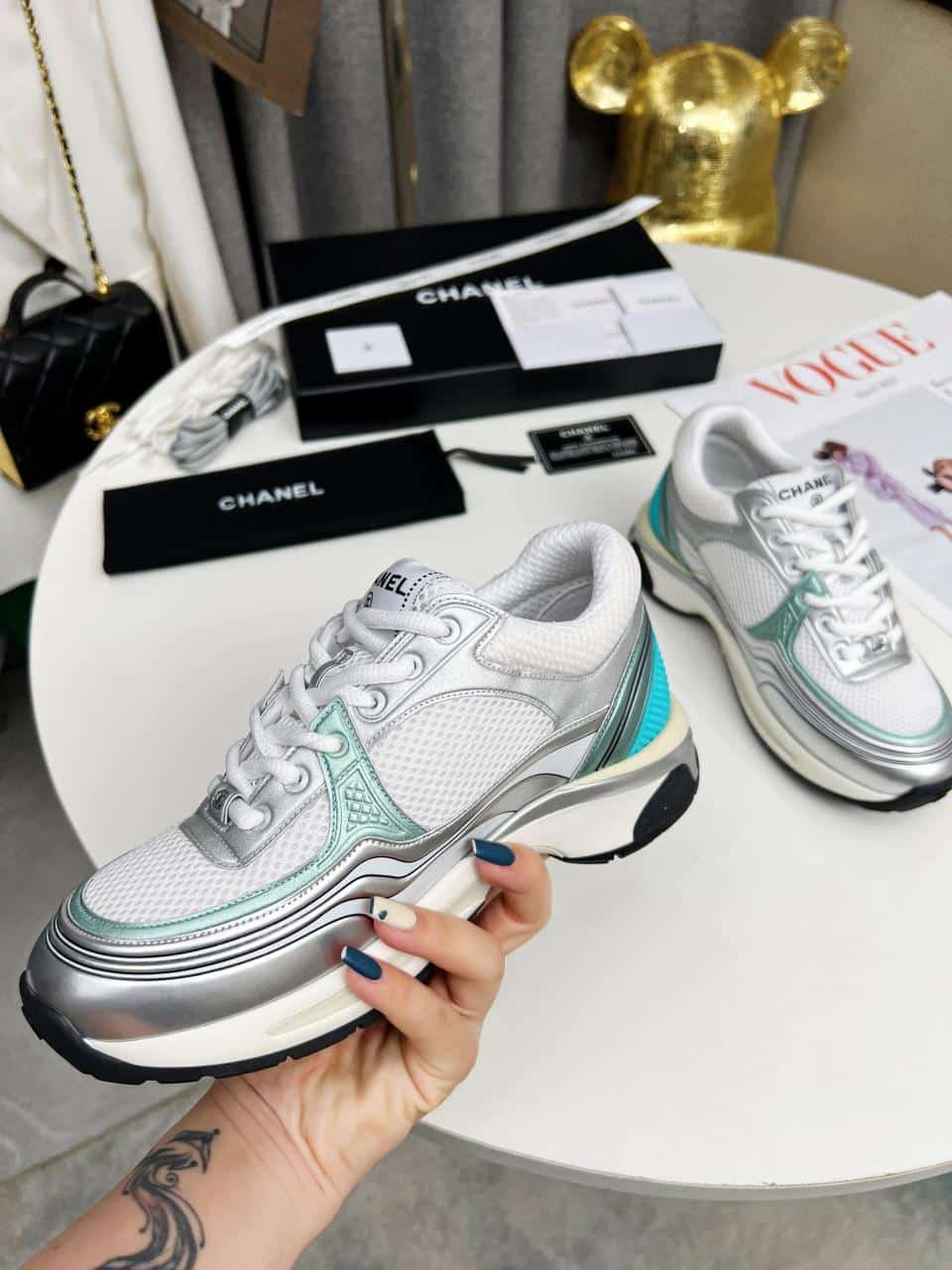 Ch**el 23C Silver Metallic Cc Logo Lace Up Flat Runner Trainer Sneaker White Turquoise