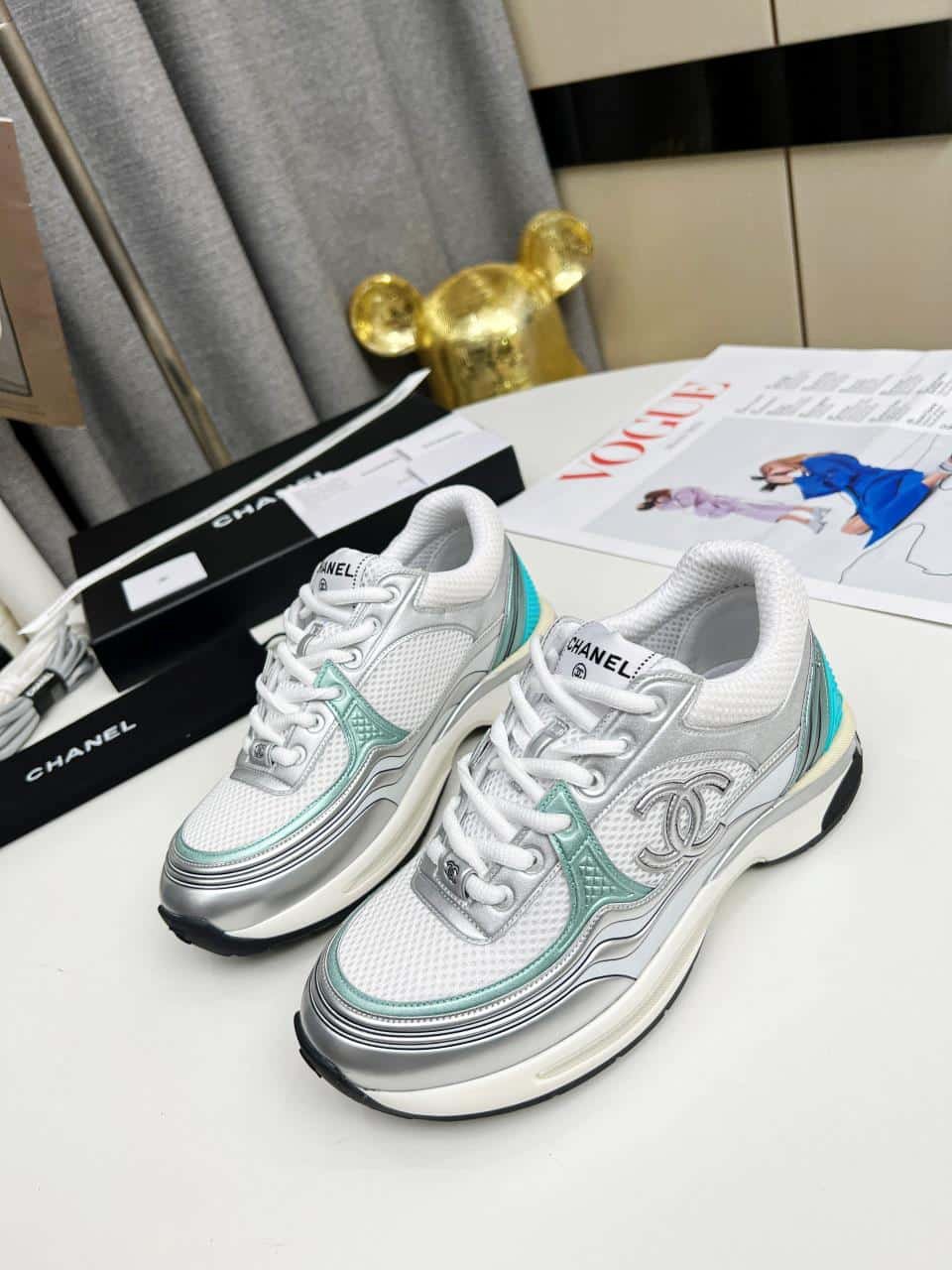 Ch**el 23C Silver Metallic Cc Logo Lace Up Flat Runner Trainer Sneaker White Turquoise