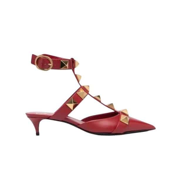 Va1e*ntin0 Garavani Roman Stud Kitten Heel Pumps Red