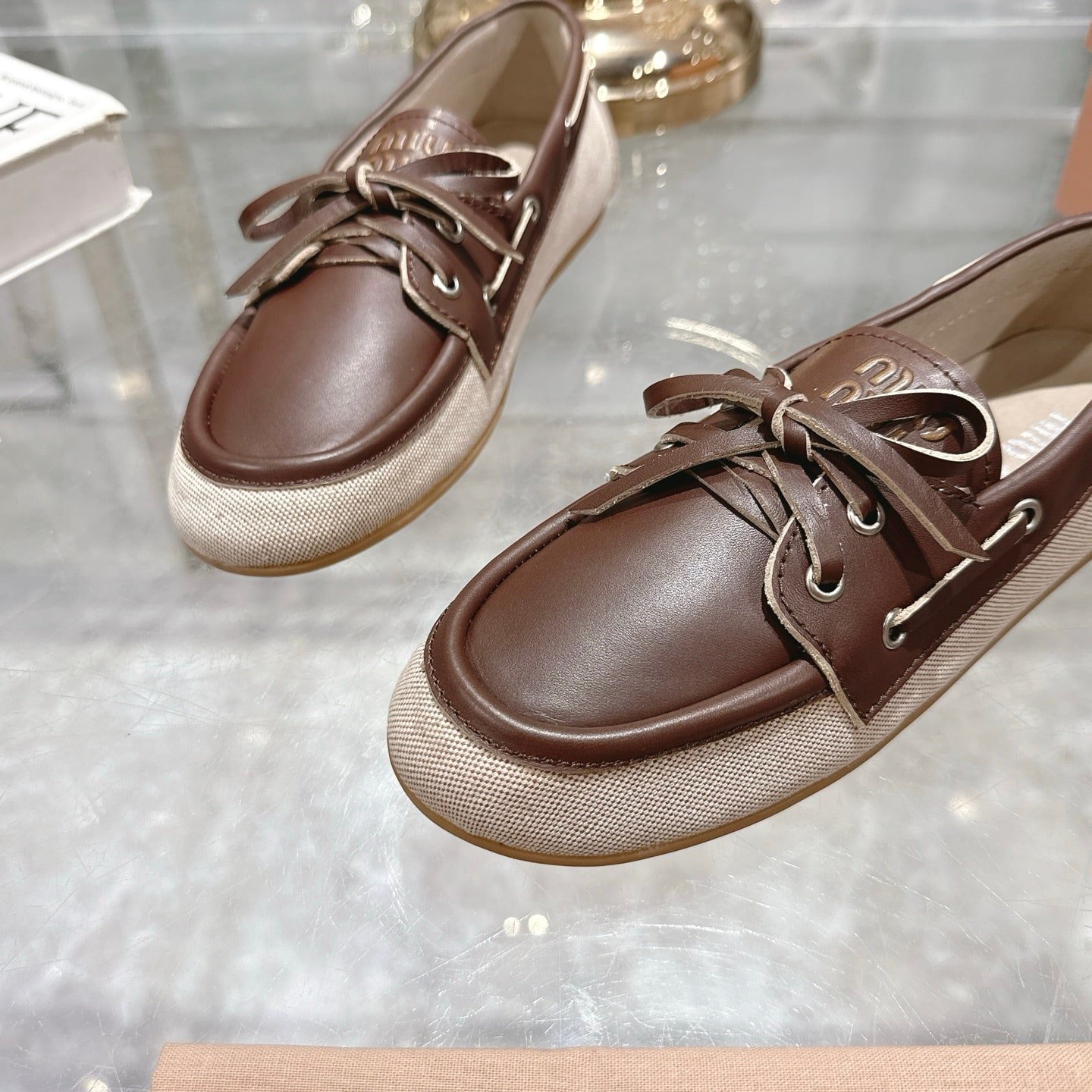 M1um1u Canvas And Bleached Leather Boat Shoes Beige 5D376E 3Lqm F0J51 F 005