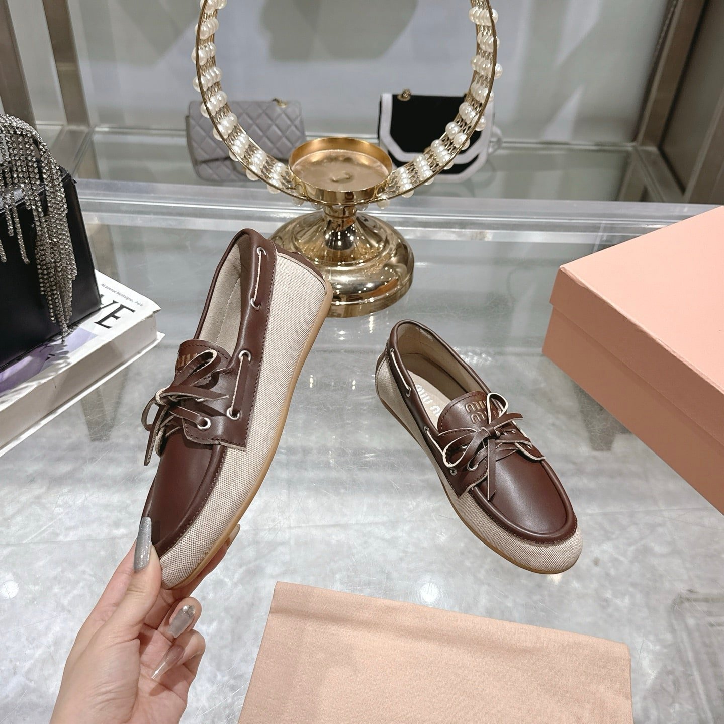 M1um1u Canvas And Bleached Leather Boat Shoes Beige 5D376E 3Lqm F0J51 F 005