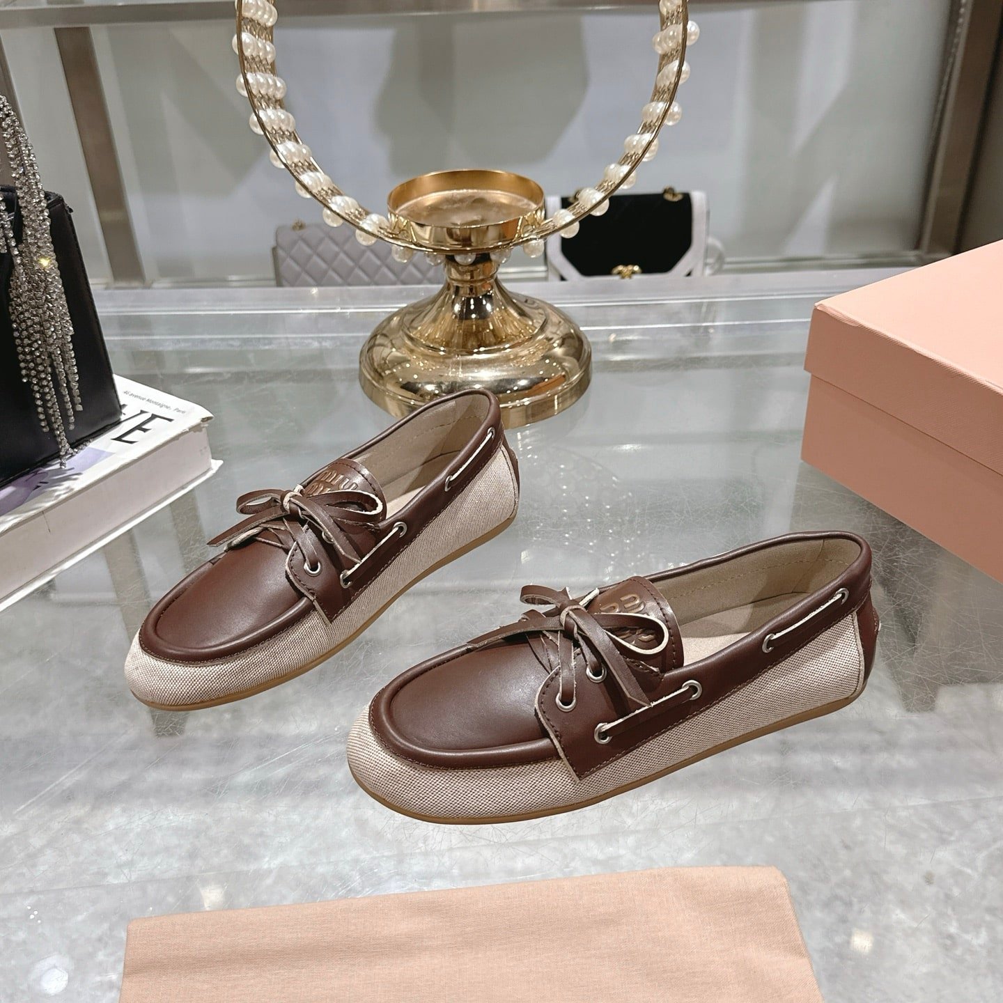 M1um1u Canvas And Bleached Leather Boat Shoes Beige 5D376E 3Lqm F0J51 F 005