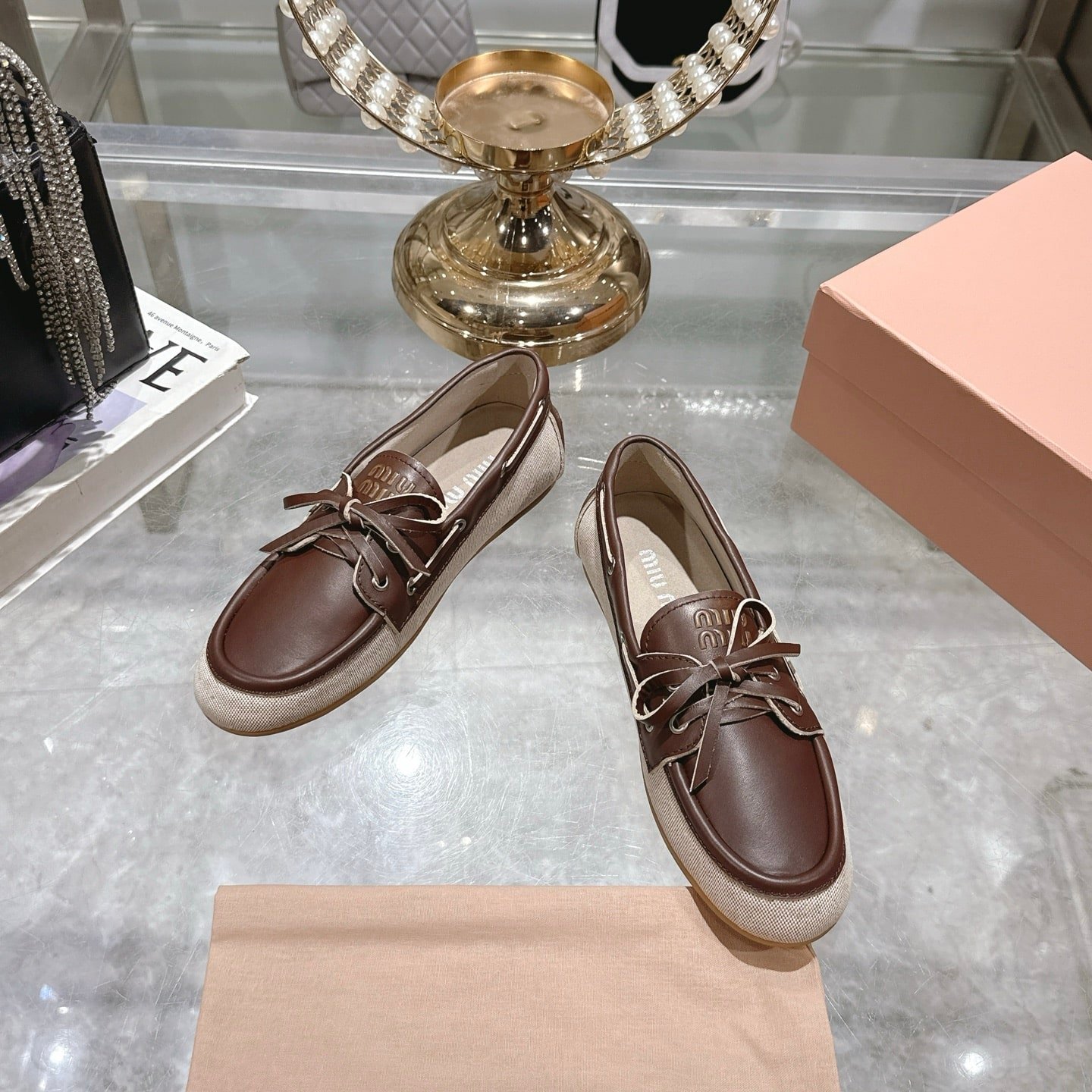 M1um1u Canvas And Bleached Leather Boat Shoes Beige 5D376E 3Lqm F0J51 F 005