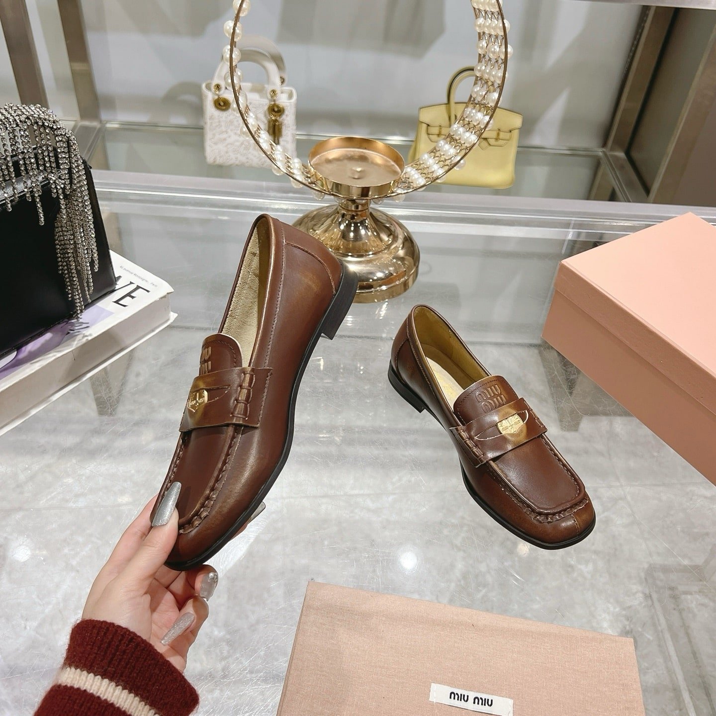 M1um1u Leather Loafers Brown
