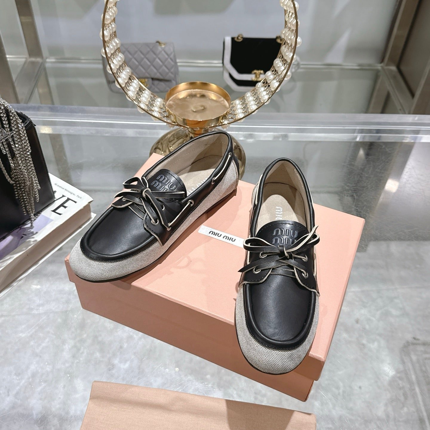 M1um1u Canvas And Bleached Leather Boat Shoes Black