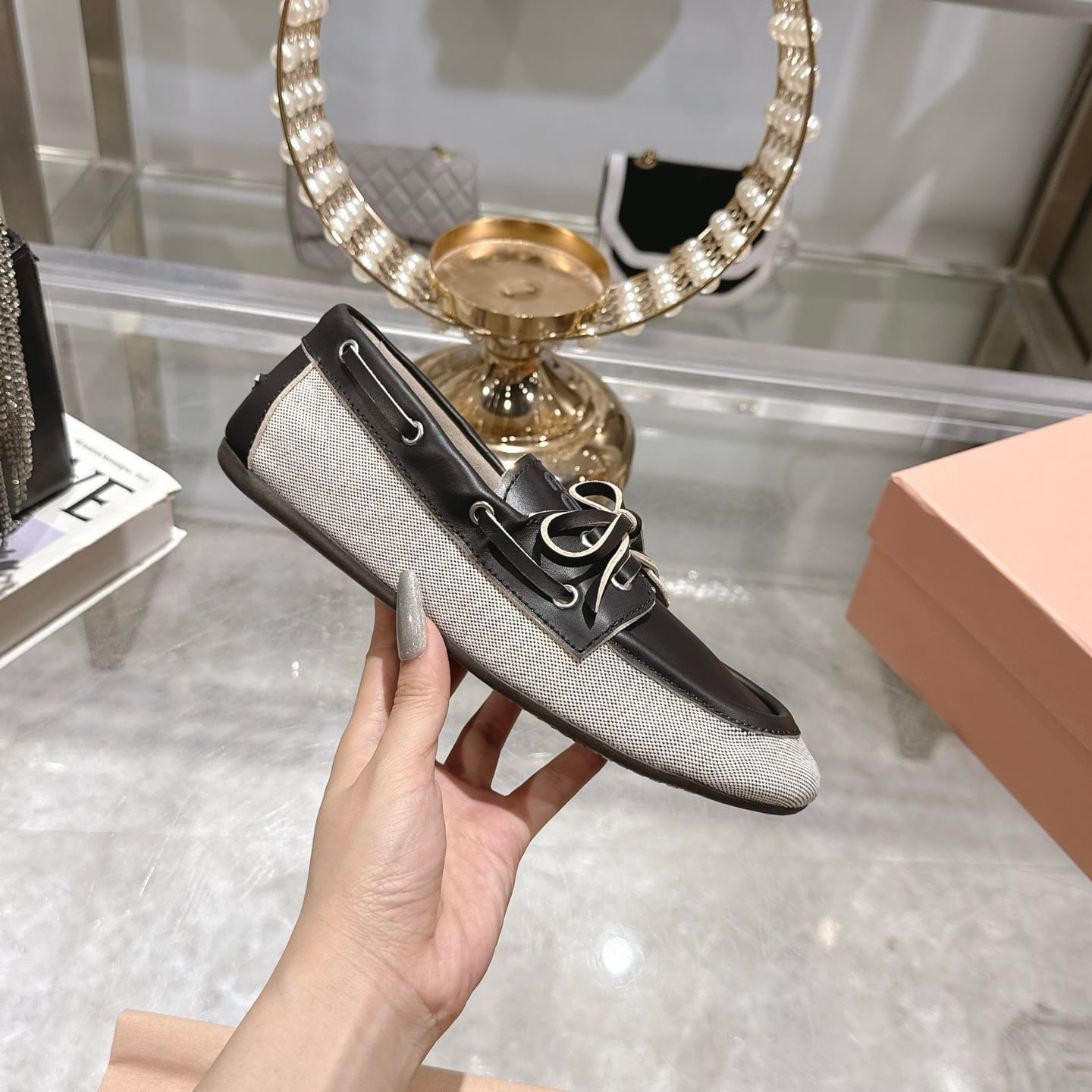 M1um1u Canvas And Bleached Leather Boat Shoes Black