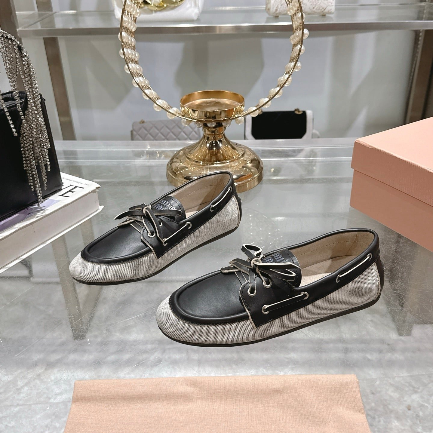 M1um1u Canvas And Bleached Leather Boat Shoes Black