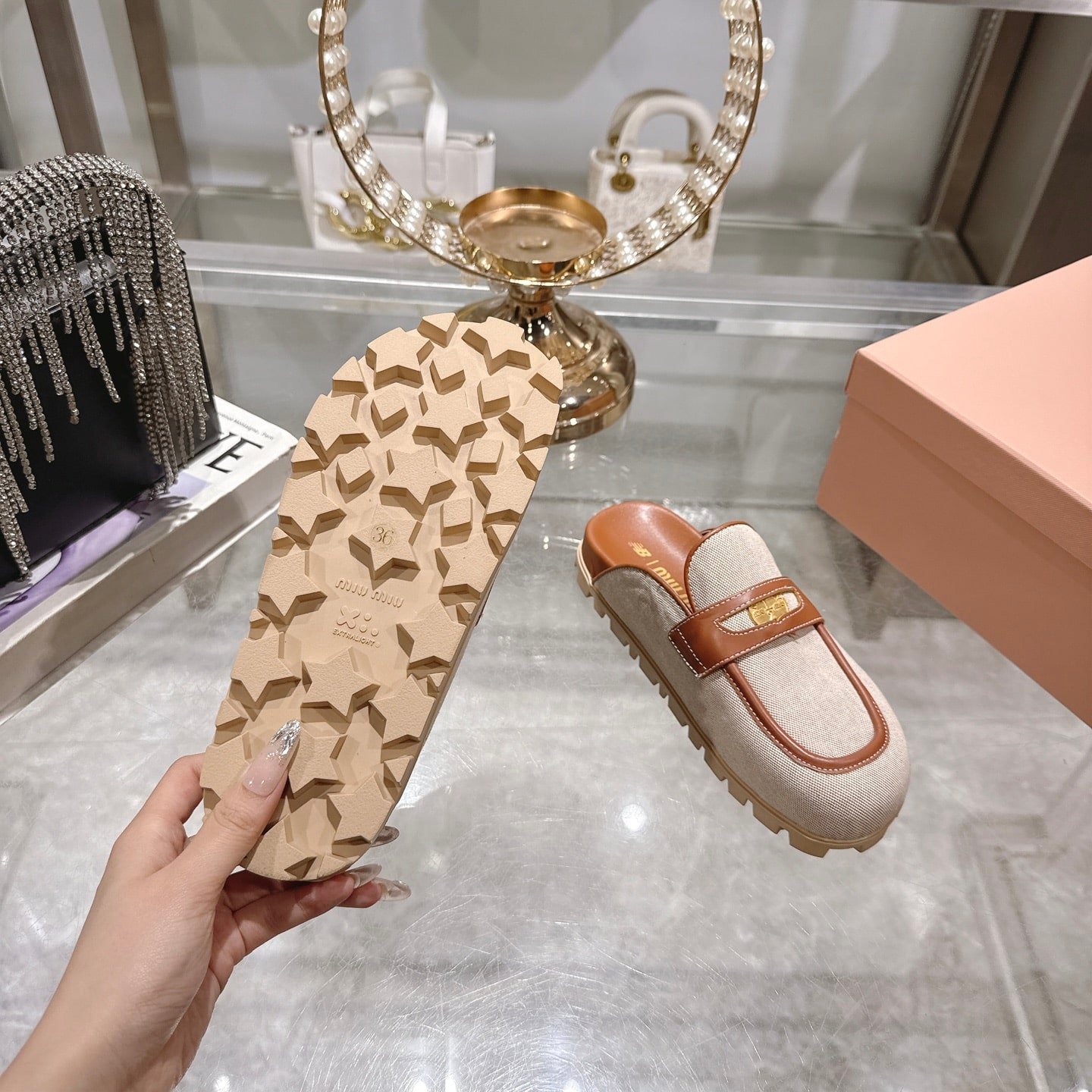 M1um1u Canvas And Leather Mules Beige 5D377E Q1D F062F F 010