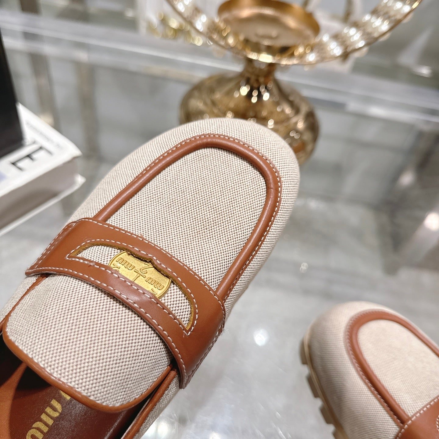 M1um1u Canvas And Leather Mules Beige 5D377E Q1D F062F F 010