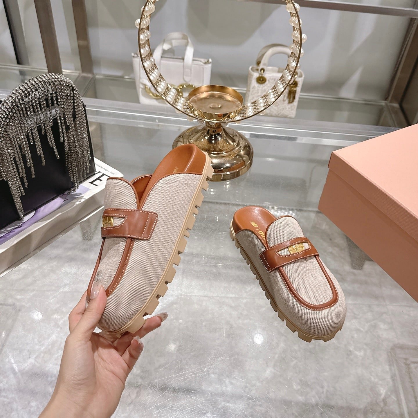 M1um1u Canvas And Leather Mules Beige 5D377E Q1D F062F F 010