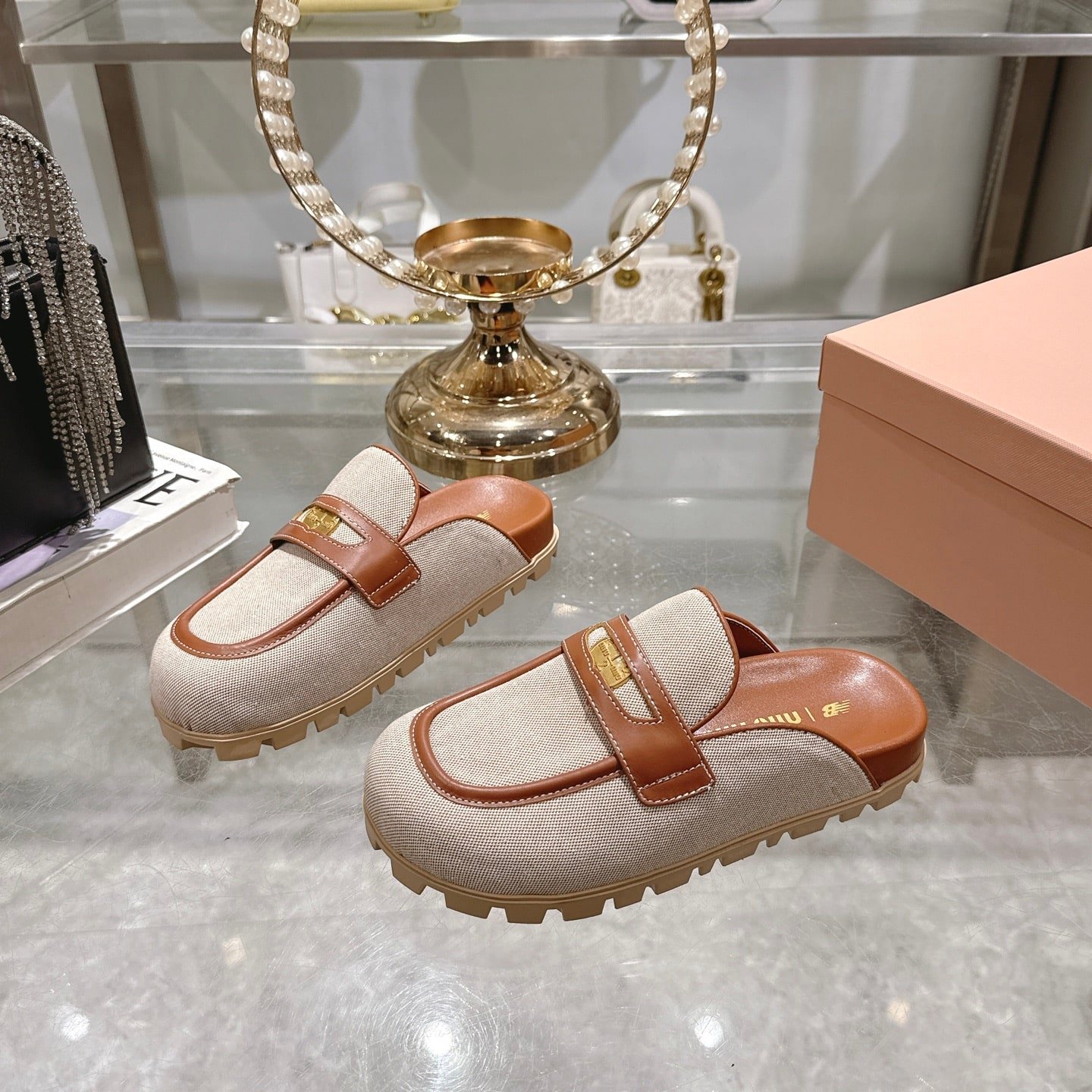 M1um1u Canvas And Leather Mules Beige 5D377E Q1D F062F F 010