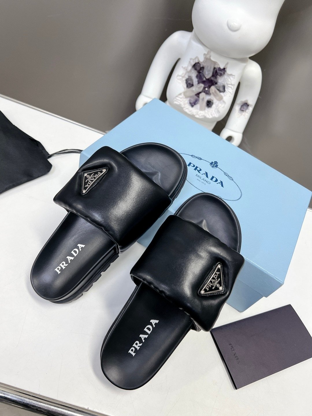 Pra*a Soft Padded Nappa Leather Slides Black 1Xx6482Dl8F0002F020
