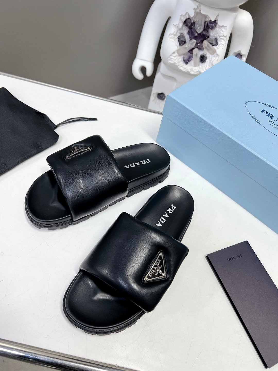 Pra*a Soft Padded Nappa Leather Slides Black 1Xx6482Dl8F0002F020