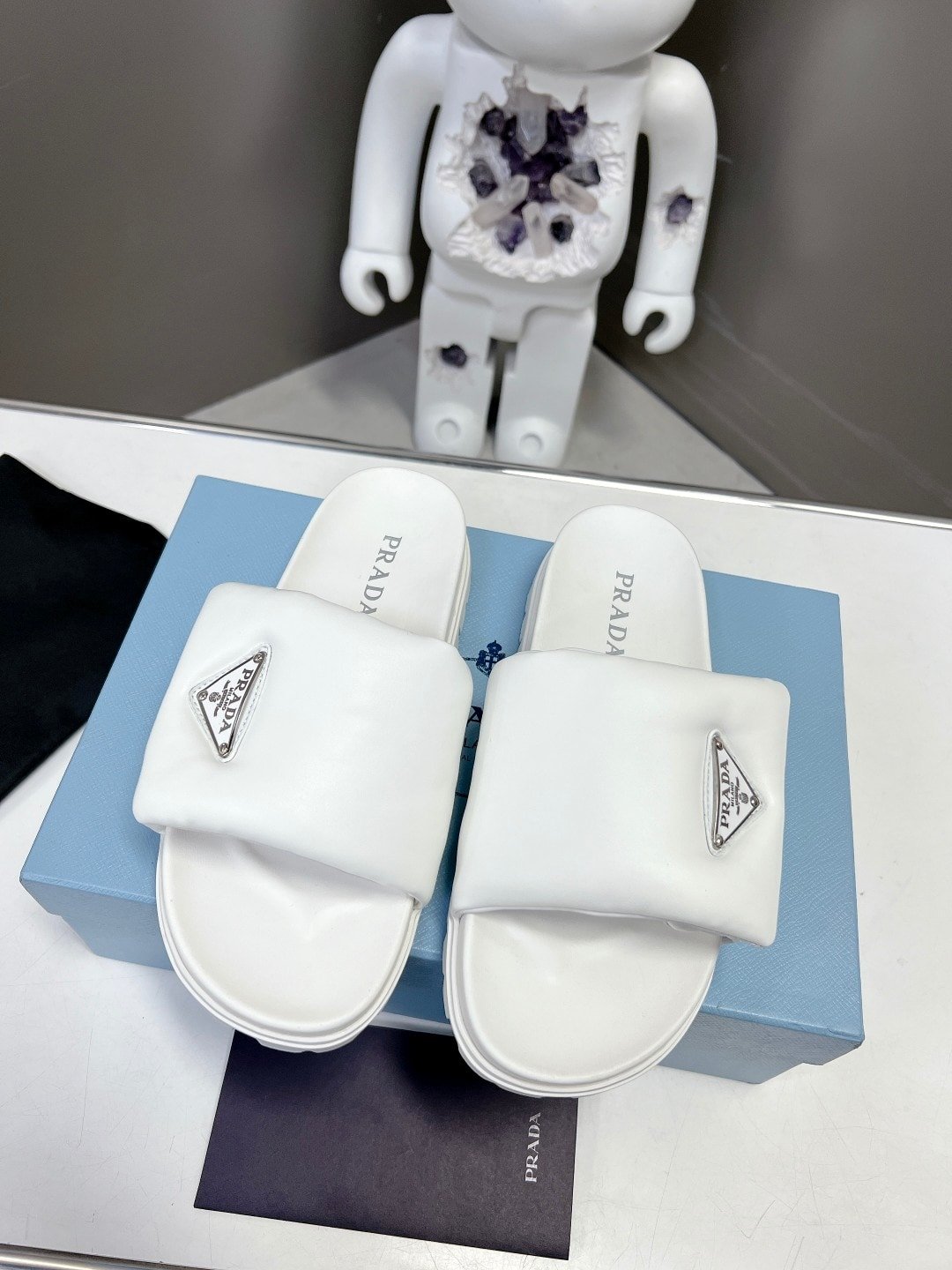 Pra*a Soft Padded Nappa Leather Slides White 1Xx6482Dl8F0009F020