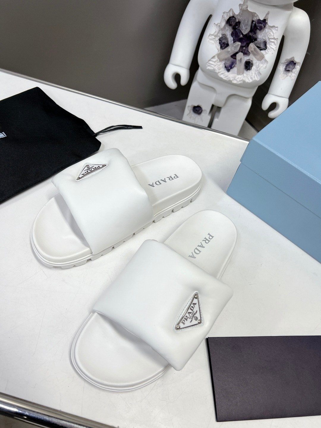 Pra*a Soft Padded Nappa Leather Slides White 1Xx6482Dl8F0009F020
