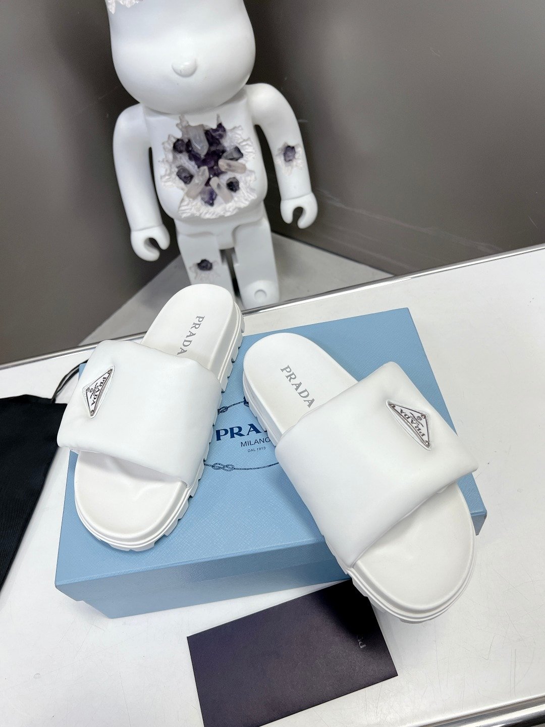 Pra*a Soft Padded Nappa Leather Slides White 1Xx6482Dl8F0009F020