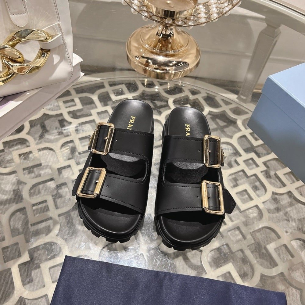 Pra*a Leather Strap Slides Black 1Xx692 3Lem F0002 F 020